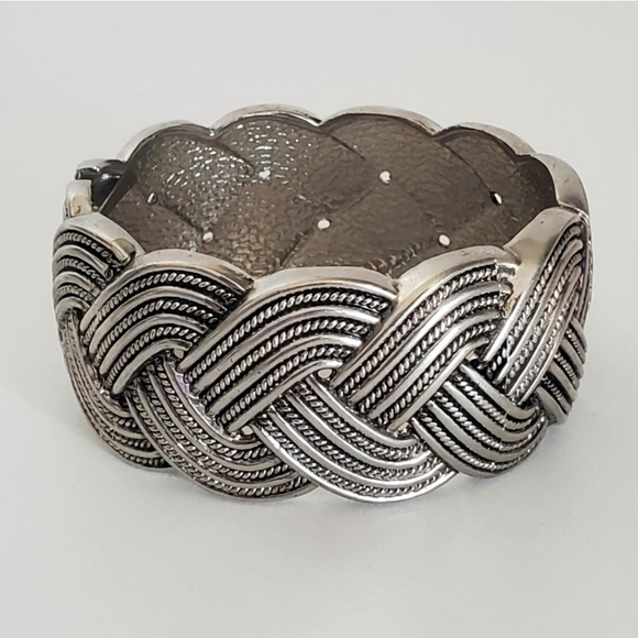 Vintage Jewelry - Vintage 90s Boho Hippie Silver Tone Celtic Braided Chunky Heavy Hinged Bracelet